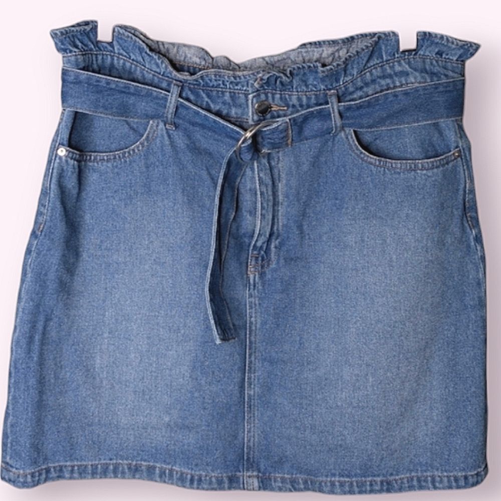 DIVIDED Paperbag Elastic Waist Two Ring Buckle Belt Denim Mini Skirt size 14